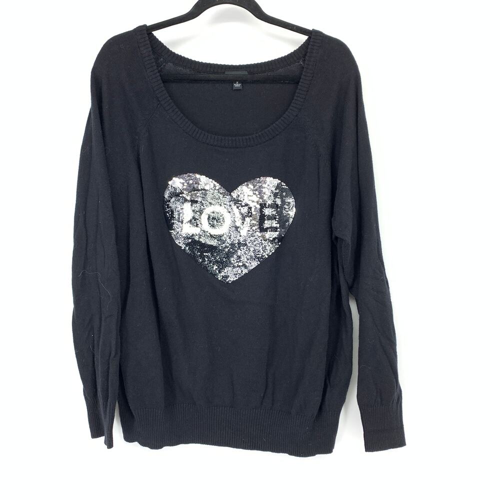 Torrid Pullover Scoop Neck Sweater Womens Sz 2X Black Silver Sequin Love Heart